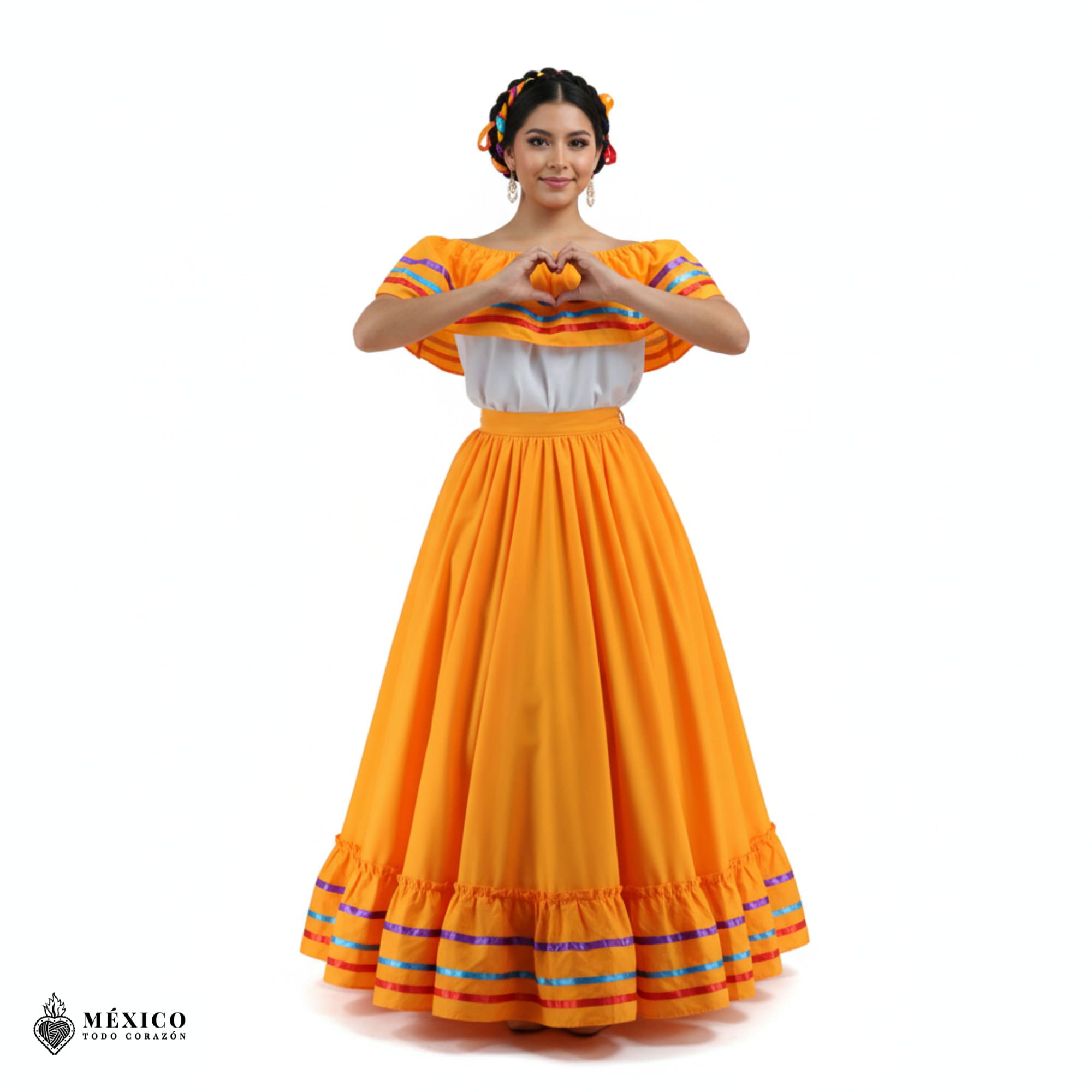 Mujer vistiendo un elegante Vestido Jalisco color Amarillo Oscuro o Mostaza, con detalles artesanales.