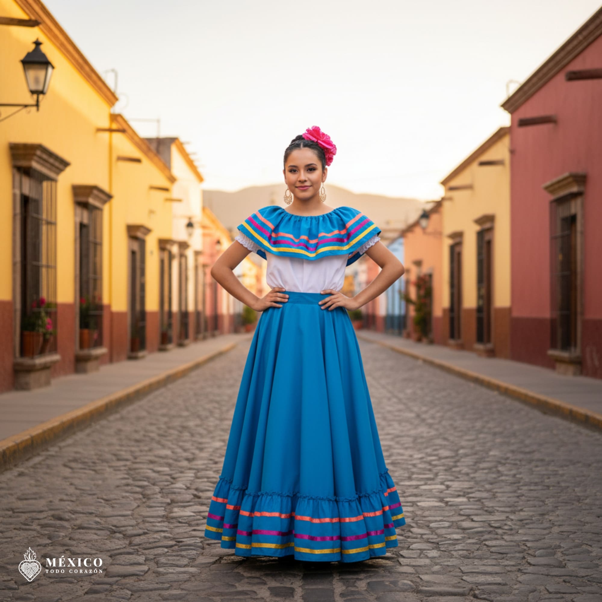 Vista frontal del vestido mexicano azul claro, mostrando la armonía de los colores.