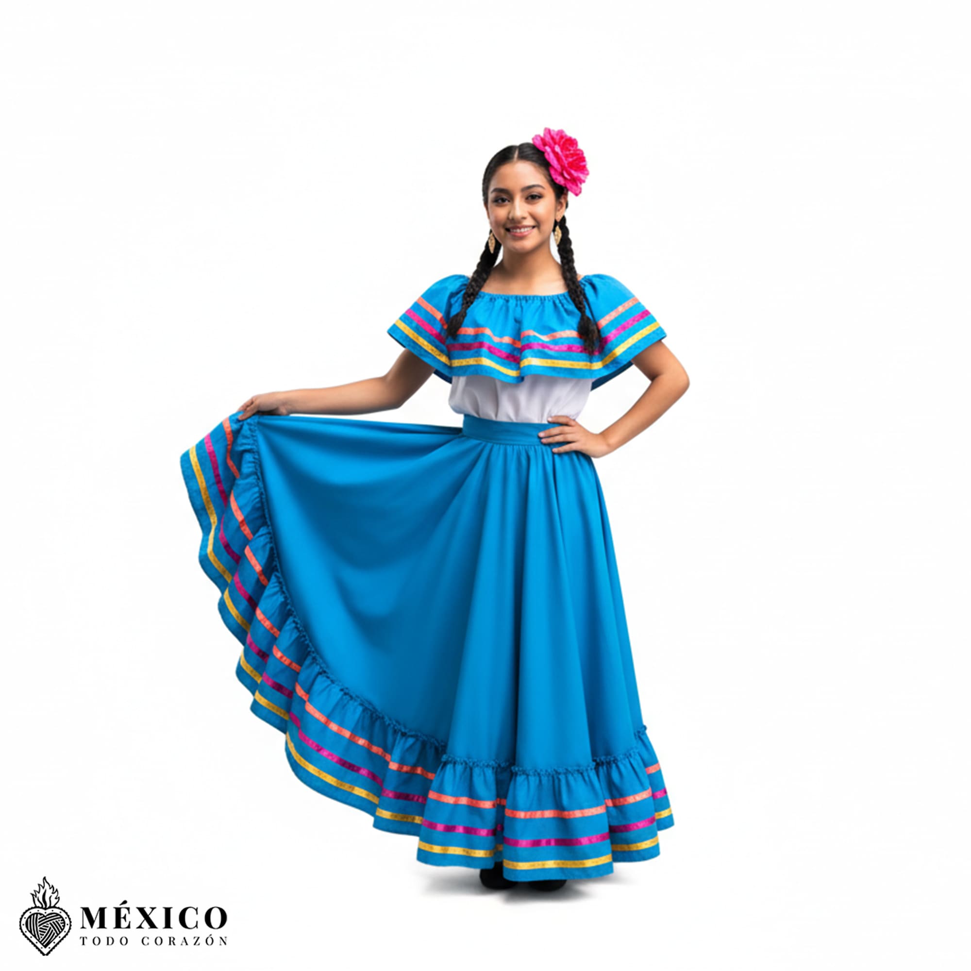 Mujer bailando con el Vestido Jalisco Azul Cielo, mostrando la elegancia y frescura del traje típico mexicano.