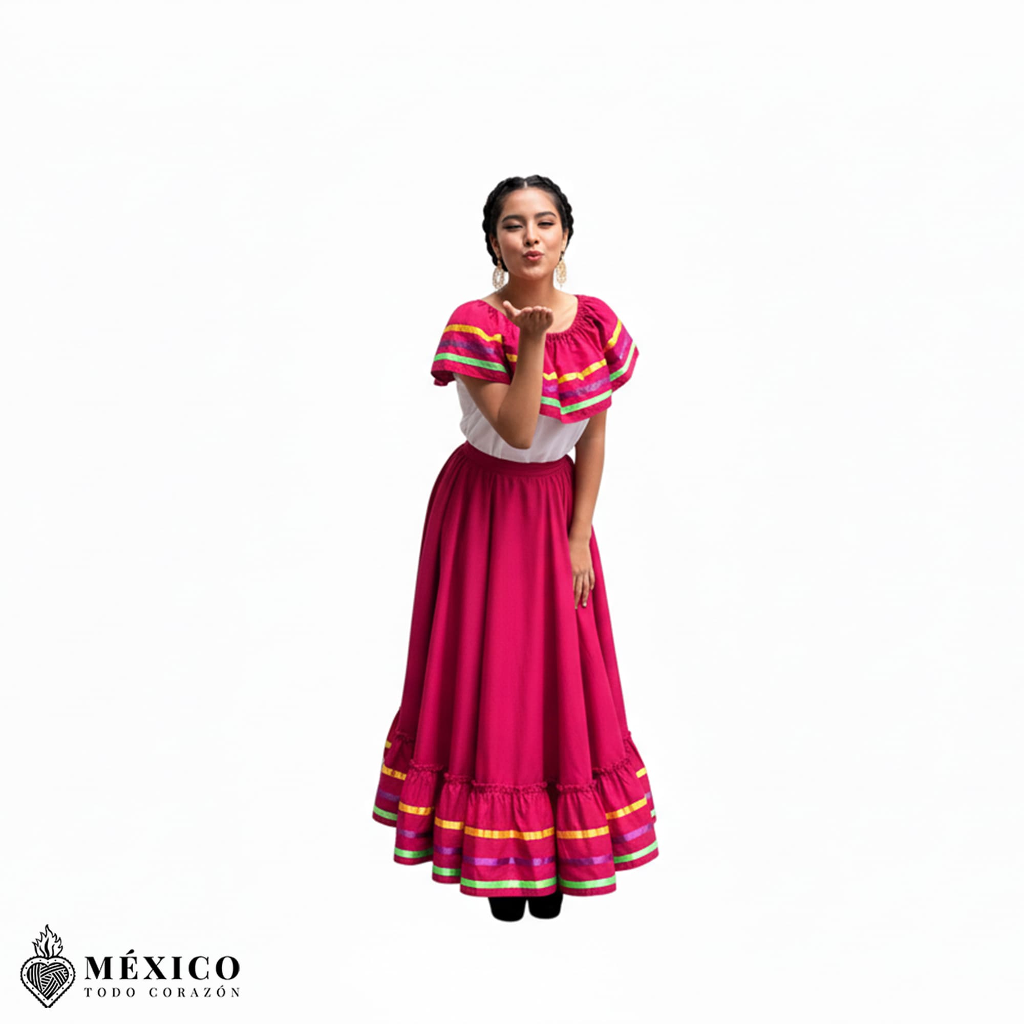 Vista lateral del vestido Jalisco Fucsia, mostrando el volumen y caída de la falda.