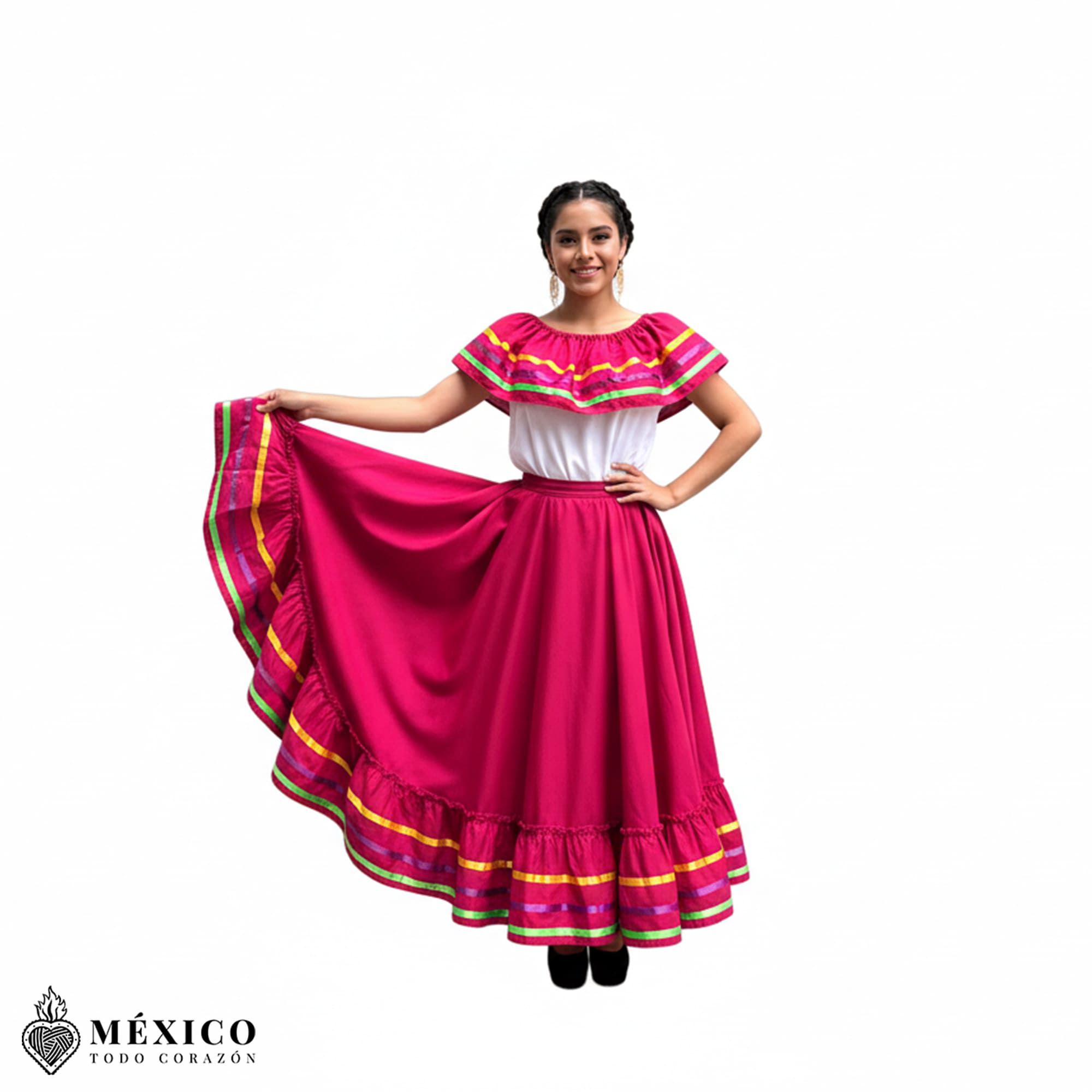Mujer luciendo un espectacular Vestido Jalisco Fucsia o Rosa Mexicano, símbolo de identidad cultural.