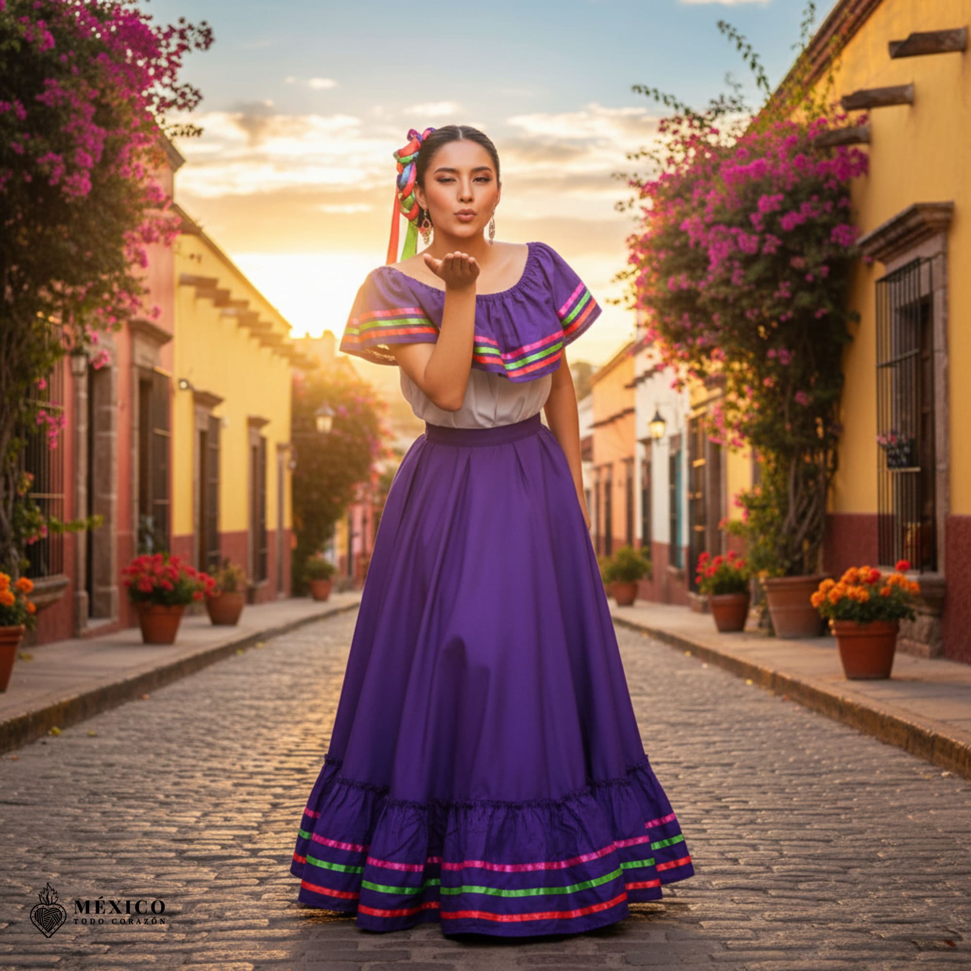 Primer plano de los detalles de costura y listones en el vestido mexicano morado.