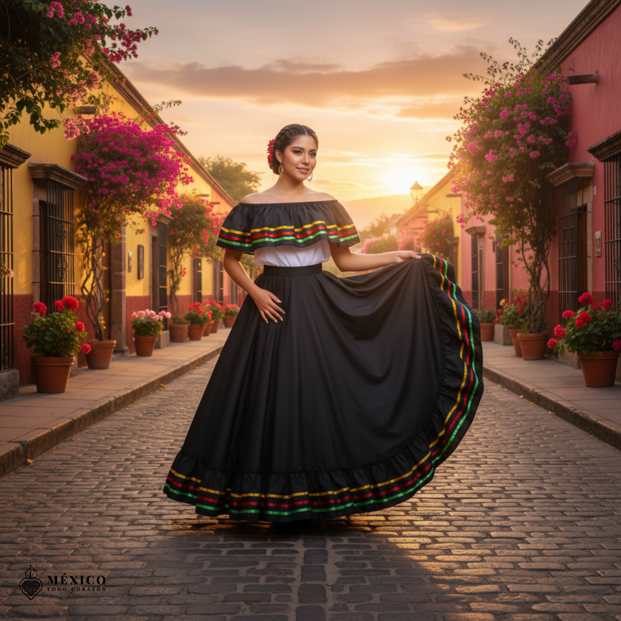 Mujer sonriendo con el vestido Jalisco negro, mostrando la parte superior bordada y las mangas.