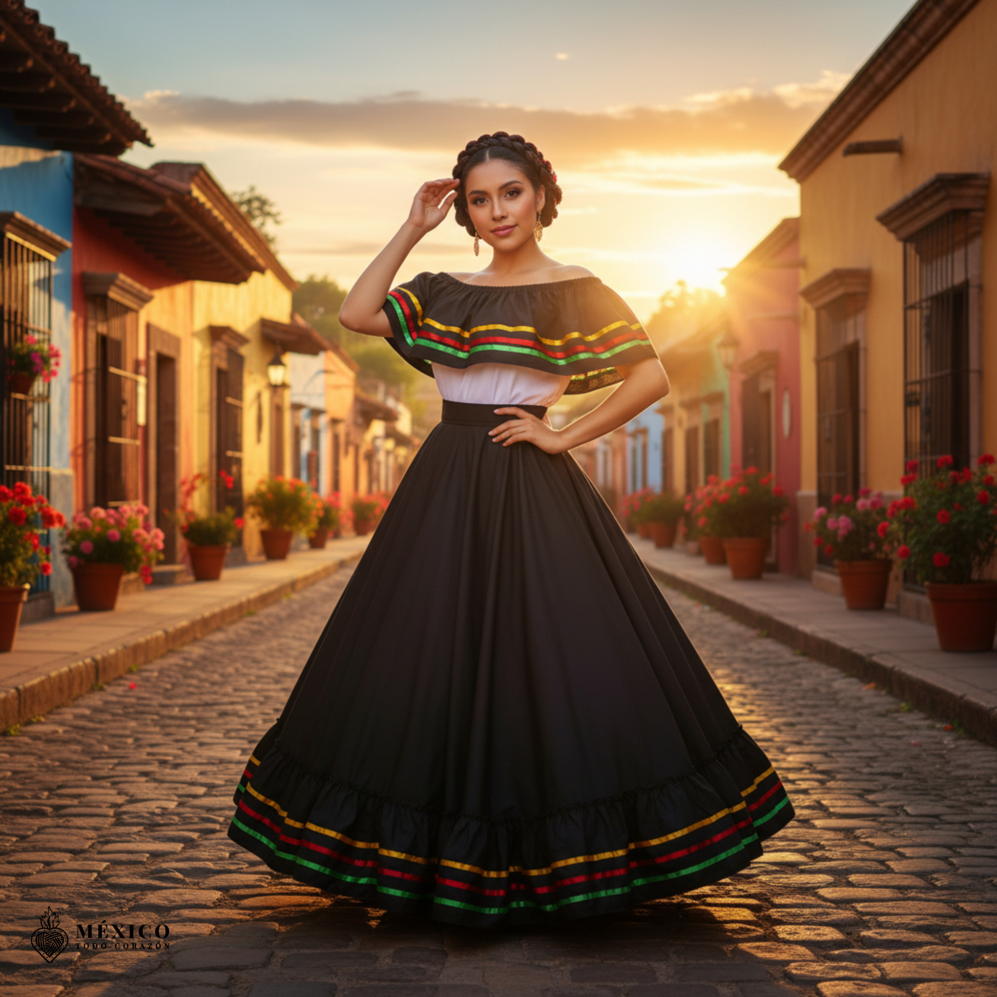 Mujer en pose dinámica con el vestido Jalisco negro, capturando el movimiento y la vivacidad de la prenda.