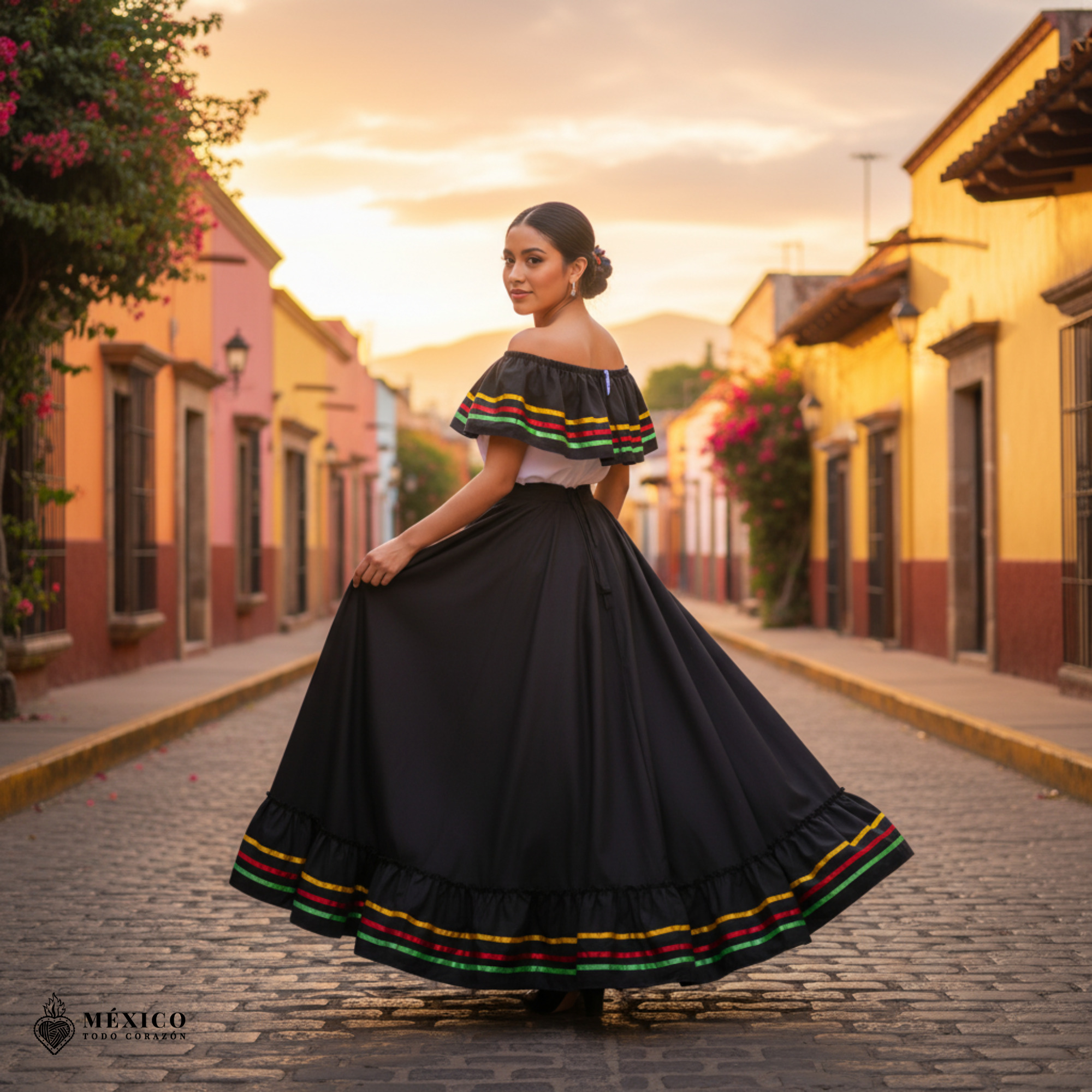 Primer plano de la falda del vestido de Jalisco negro, mostrando el vuelo, la fluidez de la tela y los vibrantes bordados florales.