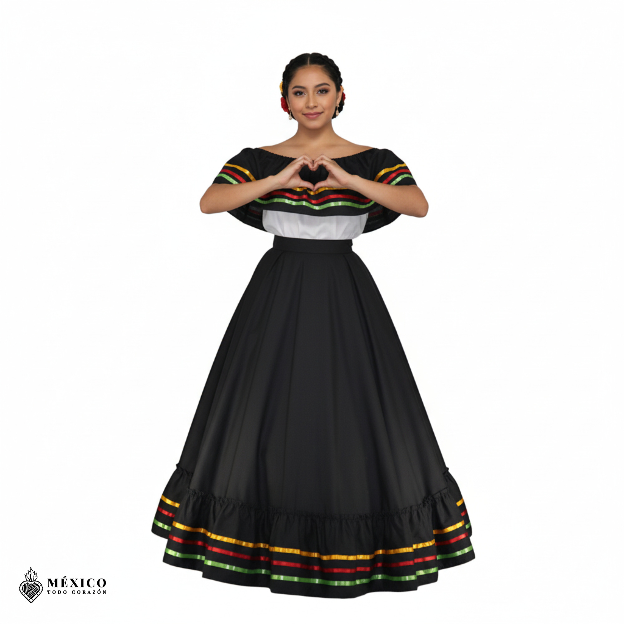 Vista lateral de una mujer luciendo el vestido Jalisco negro, destacando el corte, la caída y la elegancia del traje típico.