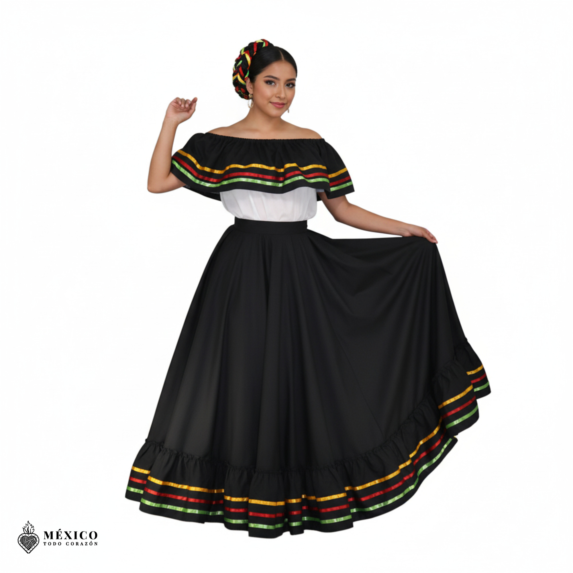 Detalle del bordado vibrante en el vestido de Jalisco negro, mostrando la maestría de la Authentic Embroidery mexicana.