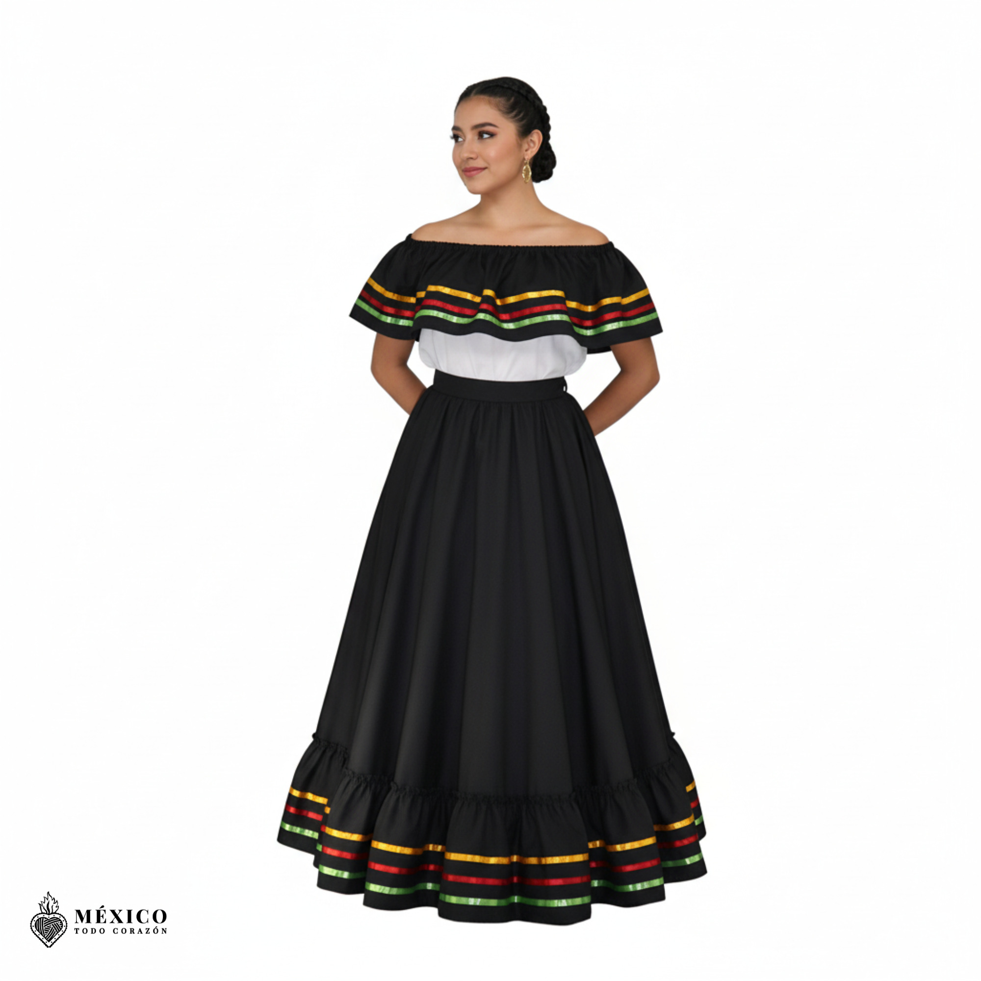 Mujer vistiendo un elegante vestido de Jalisco negro hecho a mano con bordados vibrantes, ideal para eventos culturales.