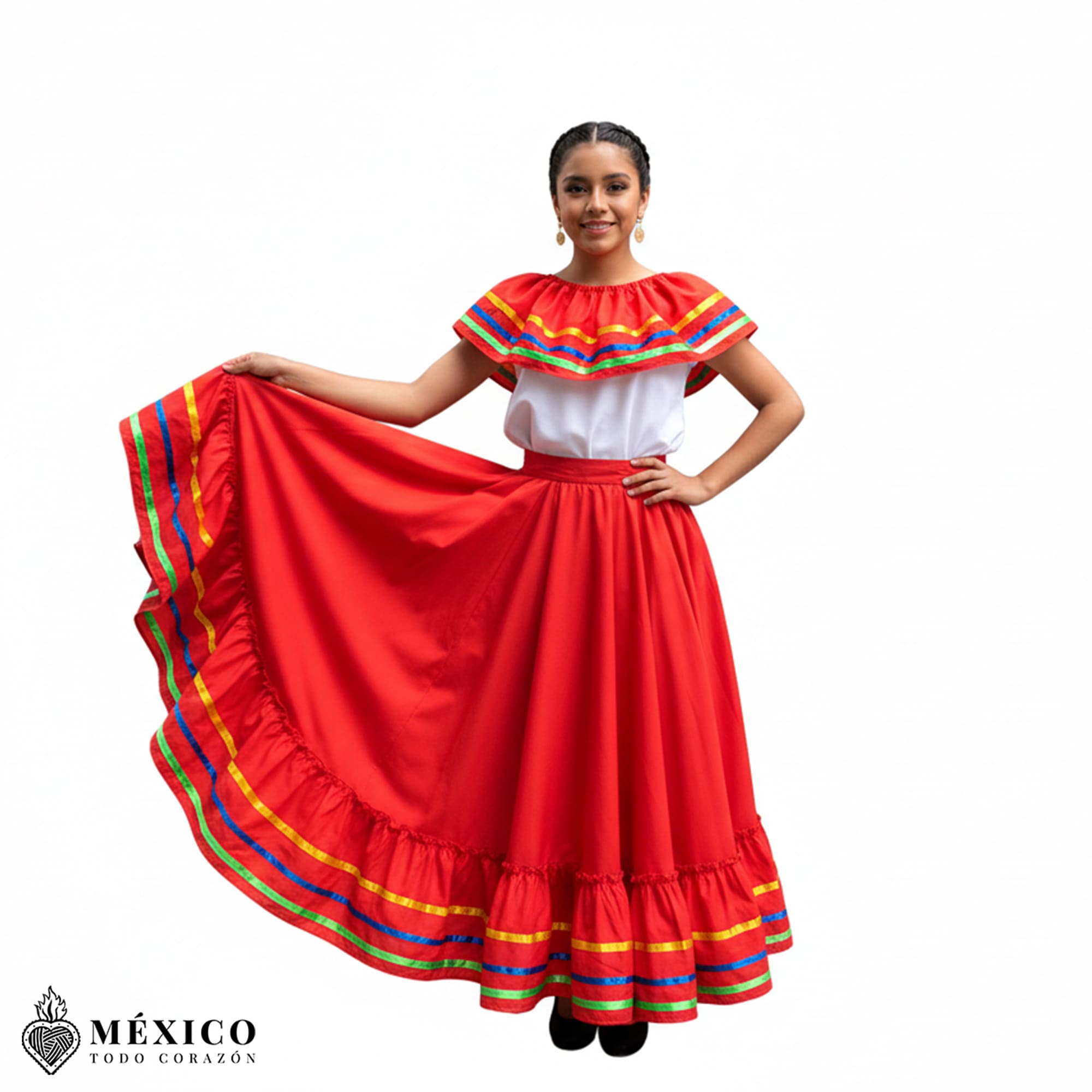 Mujer vistiendo un vibrante Vestido Jalisco Naranja, símbolo de alegría y tradición mexicana.