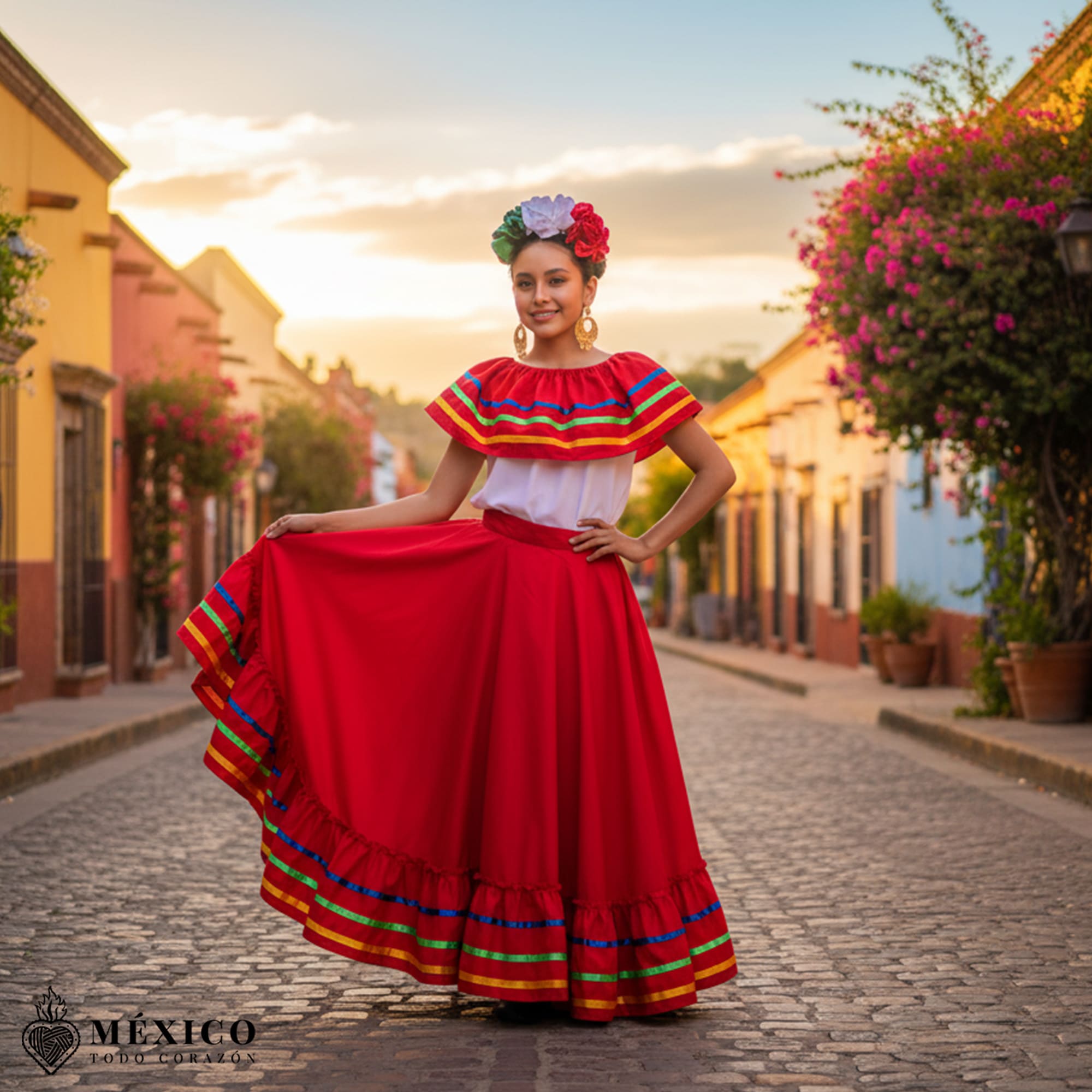 Vista frontal del vestido mexicano rojo, un clásico atemporal.