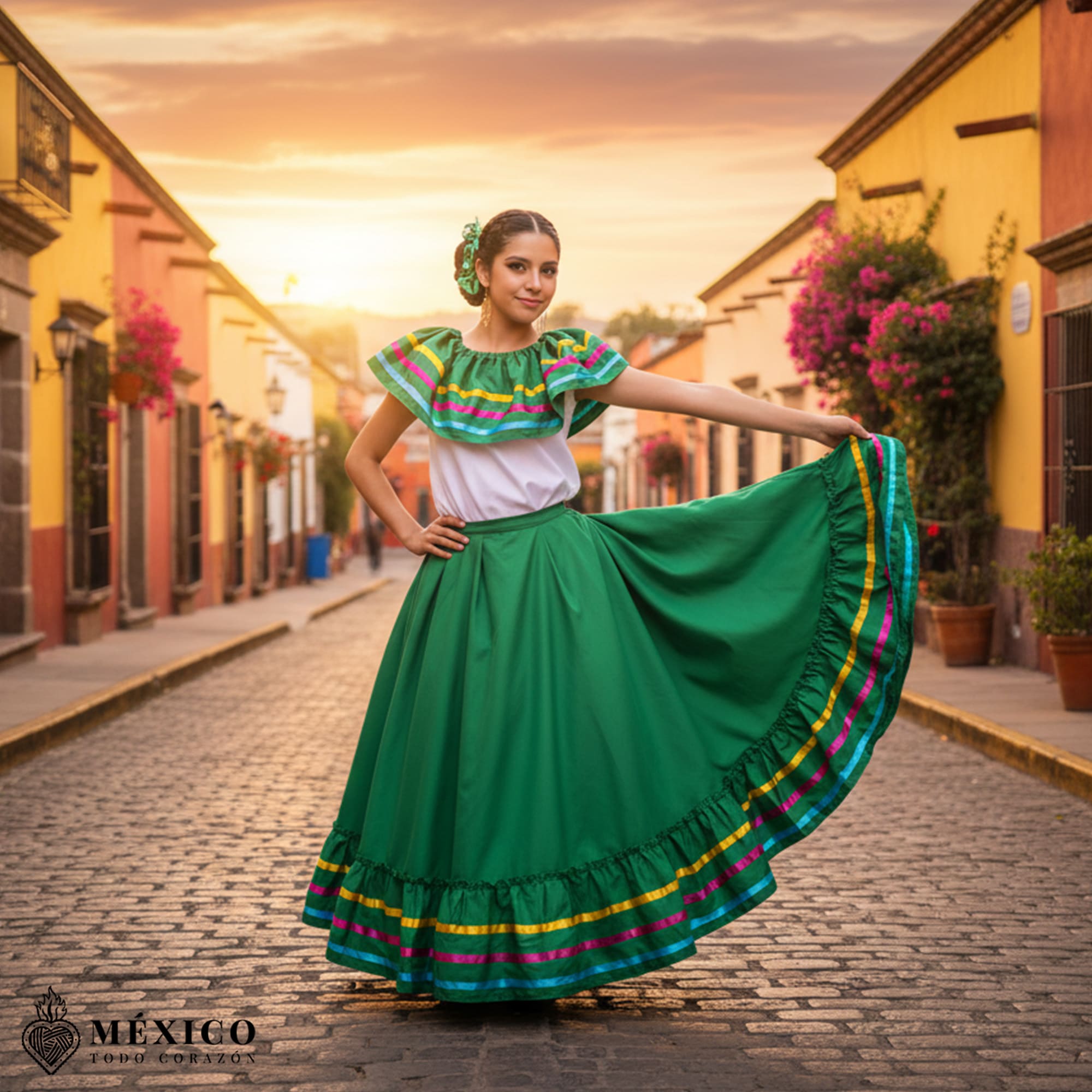 Vista frontal del vestido mexicano verde, destacando los listones multicolores sobre el fondo vibrante.