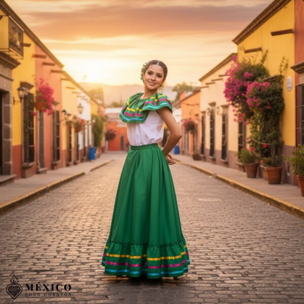 Green Mexican Jalisco Dress Set – Handmade Two-Piece Folkloric Outfit