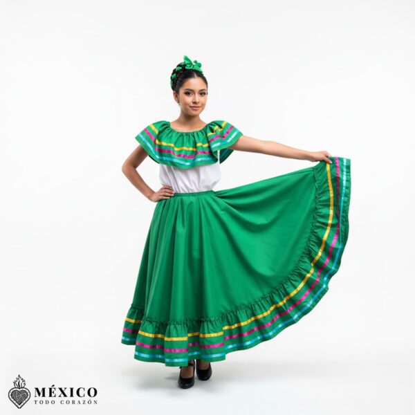 Green Mexican Jalisco Dress Set – Handmade Two-Piece Folkloric Outfit