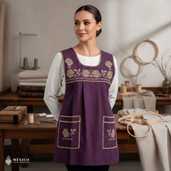 Purple traditional Mexican cross-stitch embroidered smock apron with deluxe artisan craftsmanship