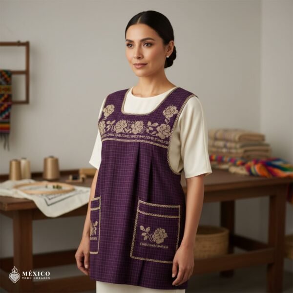 Purple traditional Mexican cross-stitch embroidered smock apron with deluxe artisan craftsmanship