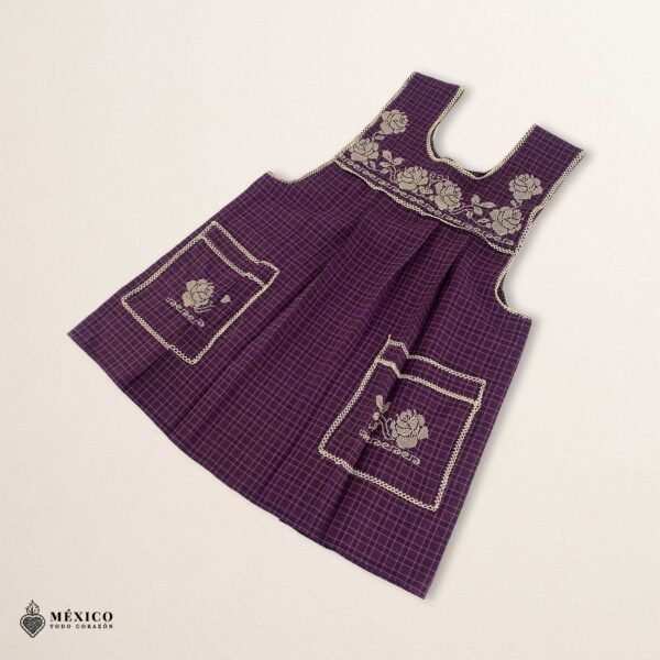 Purple traditional Mexican cross-stitch embroidered smock apron with deluxe artisan craftsmanship