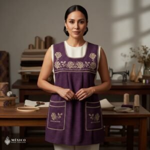 Purple traditional Mexican cross-stitch embroidered smock apron with deluxe artisan craftsmanship