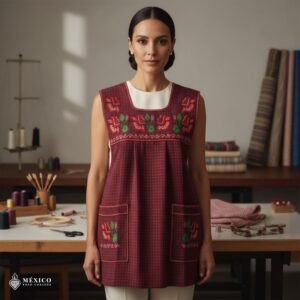 Red traditional Mexican cross-stitch embroidered smock apron with deluxe artisan craftsmanship