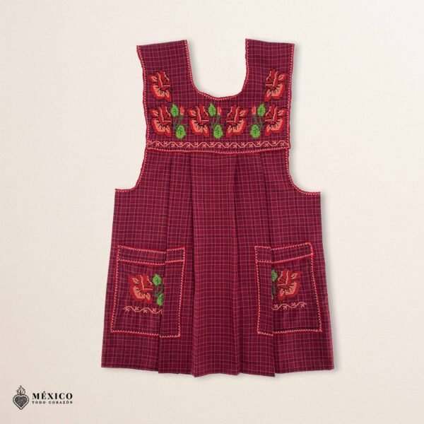 Red traditional Mexican cross-stitch embroidered smock apron with deluxe artisan craftsmanship
