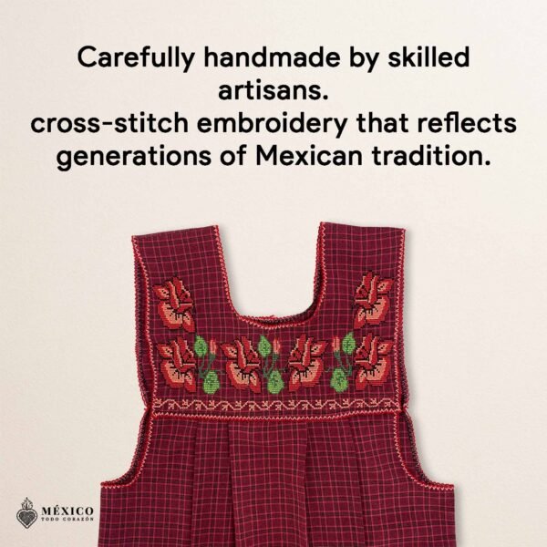 Red traditional Mexican cross-stitch embroidered smock apron with deluxe artisan craftsmanship
