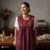Red traditional Mexican cross-stitch embroidered smock apron with deluxe artisan craftsmanship