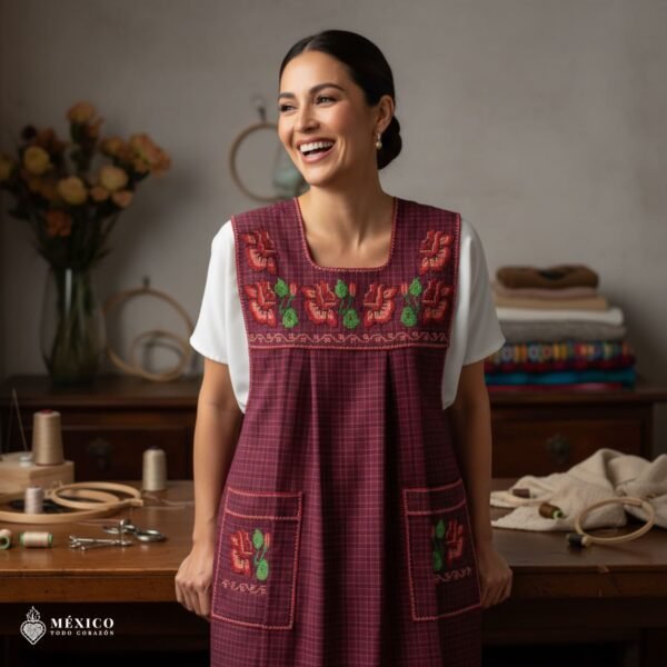 Red traditional Mexican cross-stitch embroidered smock apron with deluxe artisan craftsmanship