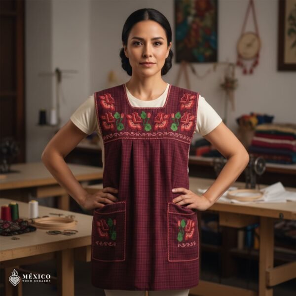 Red traditional Mexican cross-stitch embroidered smock apron with deluxe artisan craftsmanship