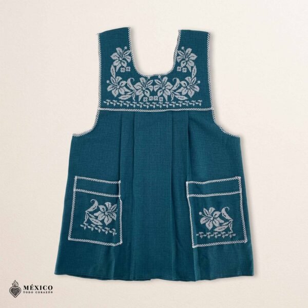 Green traditional Mexican cross-stitch embroidered smock apron with deluxe artisan craftsmanship