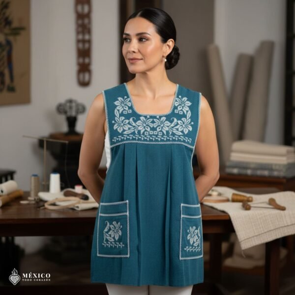 Green traditional Mexican cross-stitch embroidered smock apron with deluxe artisan craftsmanship