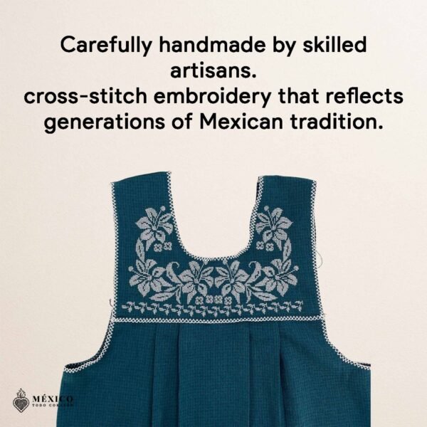 Green traditional Mexican cross-stitch embroidered smock apron with deluxe artisan craftsmanship