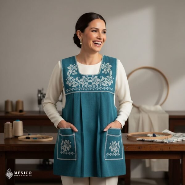 Green traditional Mexican cross-stitch embroidered smock apron with deluxe artisan craftsmanship
