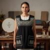 Black traditional Mexican cross-stitch embroidered smock apron with deluxe artisan craftsmanship