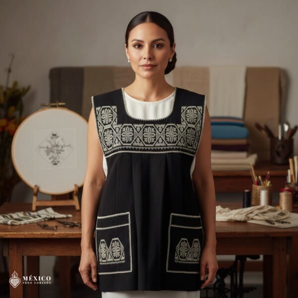 Black traditional Mexican cross-stitch embroidered smock apron with deluxe artisan craftsmanship