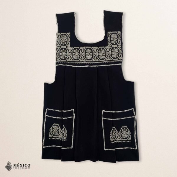 Black traditional Mexican cross-stitch embroidered smock apron with deluxe artisan craftsmanship
