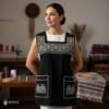 Black traditional Mexican cross-stitch embroidered smock apron with deluxe artisan craftsmanship