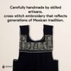 Black traditional Mexican cross-stitch embroidered smock apron with deluxe artisan craftsmanship