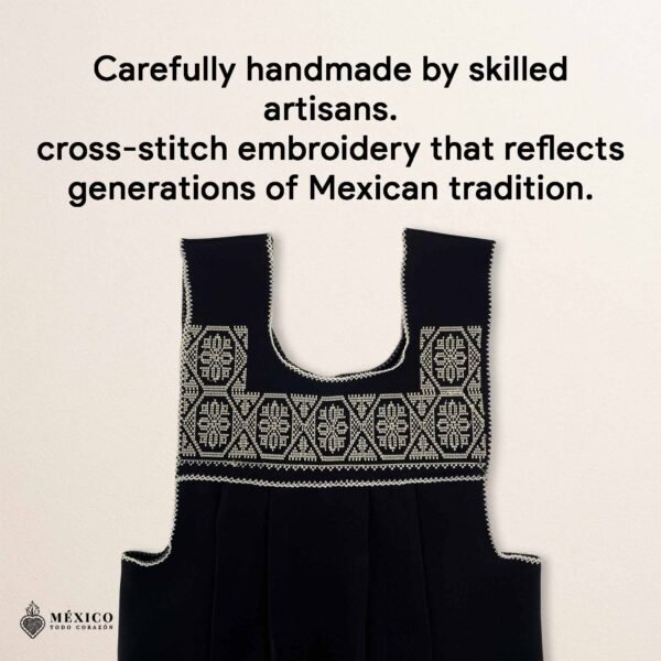 Black traditional Mexican cross-stitch embroidered smock apron with deluxe artisan craftsmanship