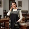 Black traditional Mexican cross-stitch embroidered smock apron with deluxe artisan craftsmanship