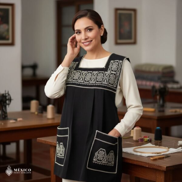 Black traditional Mexican cross-stitch embroidered smock apron with deluxe artisan craftsmanship