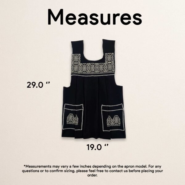 Black traditional Mexican cross-stitch embroidered smock apron with deluxe artisan craftsmanship