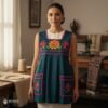 Green traditional Mexican cross-stitch embroidered smock apron with deluxe artisan craftsmanship