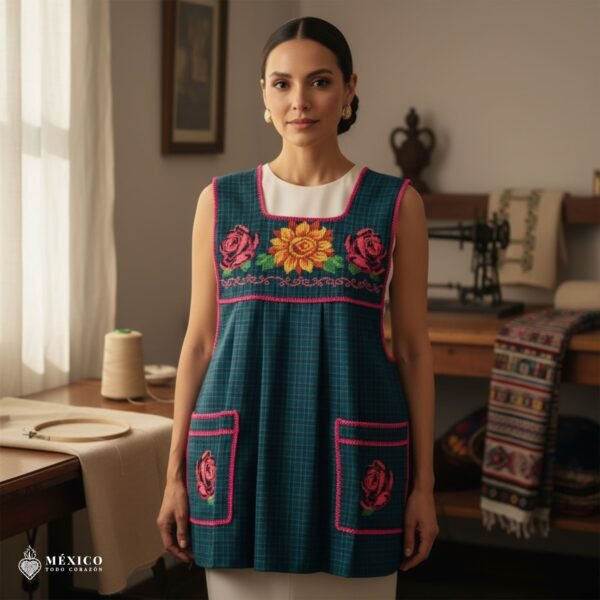 Green traditional Mexican cross-stitch embroidered smock apron with deluxe artisan craftsmanship