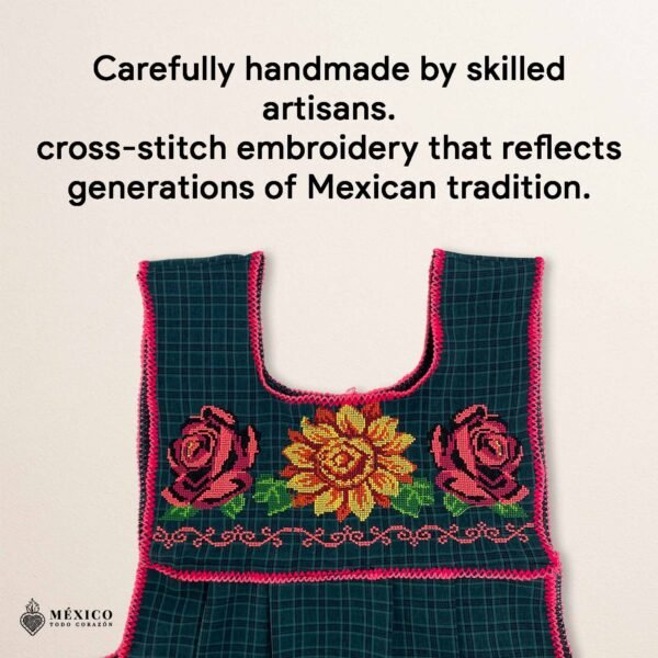 Green traditional Mexican cross-stitch embroidered smock apron with deluxe artisan craftsmanship
