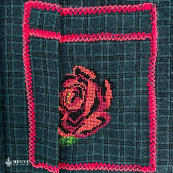 Green traditional Mexican cross-stitch embroidered smock apron with deluxe artisan craftsmanship