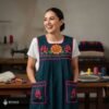 Green traditional Mexican cross-stitch embroidered smock apron with deluxe artisan craftsmanship