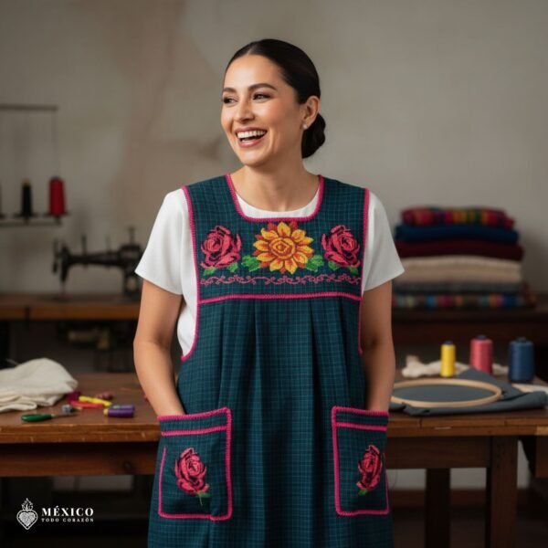 Green traditional Mexican cross-stitch embroidered smock apron with deluxe artisan craftsmanship