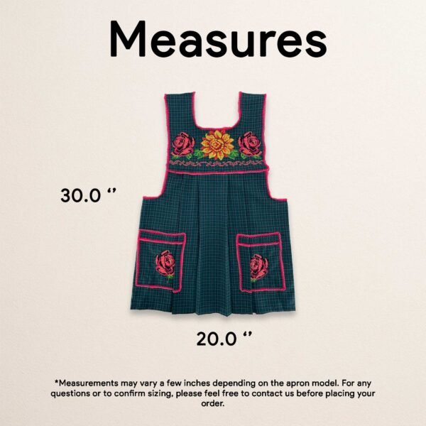 Green traditional Mexican cross-stitch embroidered smock apron with deluxe artisan craftsmanship
