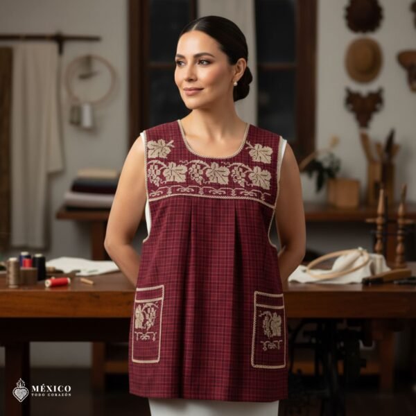 Red traditional Mexican cross-stitch embroidered smock apron with deluxe artisan craftsmanship