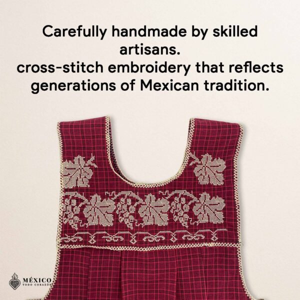 Red traditional Mexican cross-stitch embroidered smock apron with deluxe artisan craftsmanship