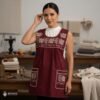 Red traditional Mexican cross-stitch embroidered smock apron with deluxe artisan craftsmanship